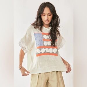 NWT Davi & Dani Flag Motif Loose Fit Lace Sleeve Hooded Sweater size 1XL